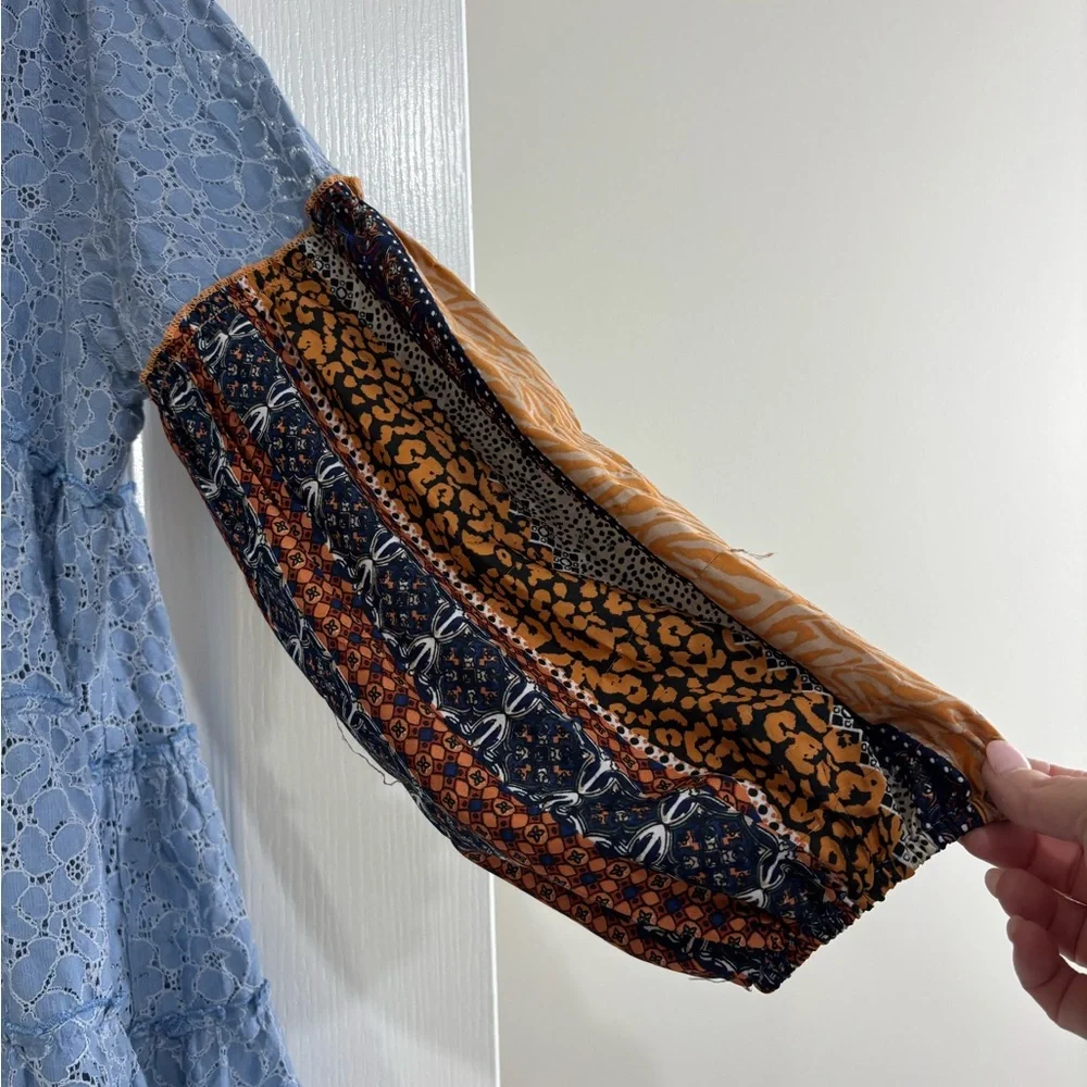 Bohemian Blue Lace Top with Patterned Sleeves and Embroidered Bib, XL - Picture 3 of 4